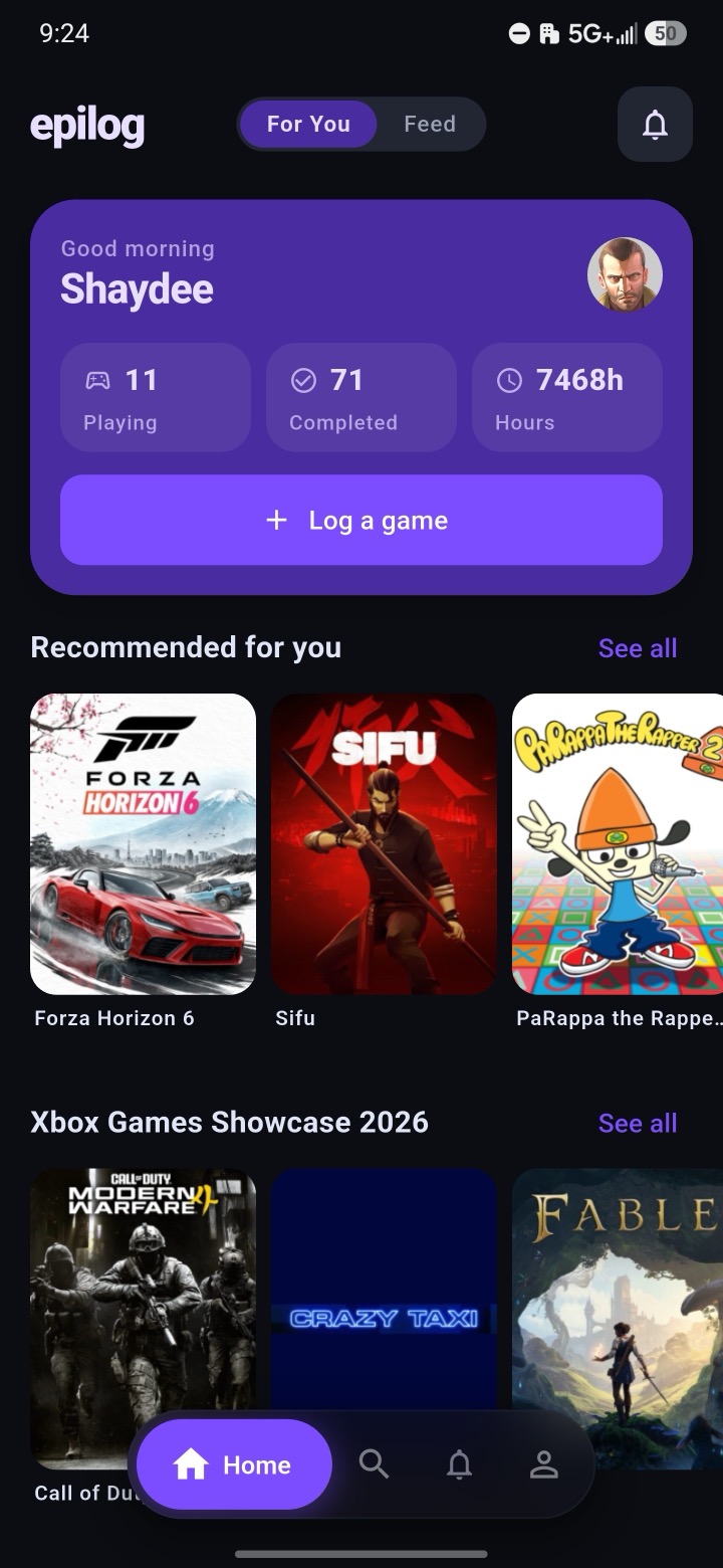 Epilog home feed with your gaming stats and recommendations