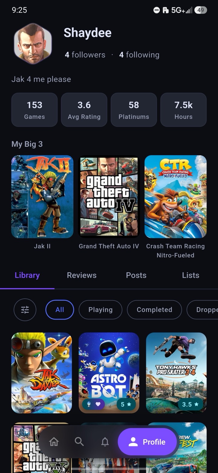 Epilog profile with your big 3, library, and stats