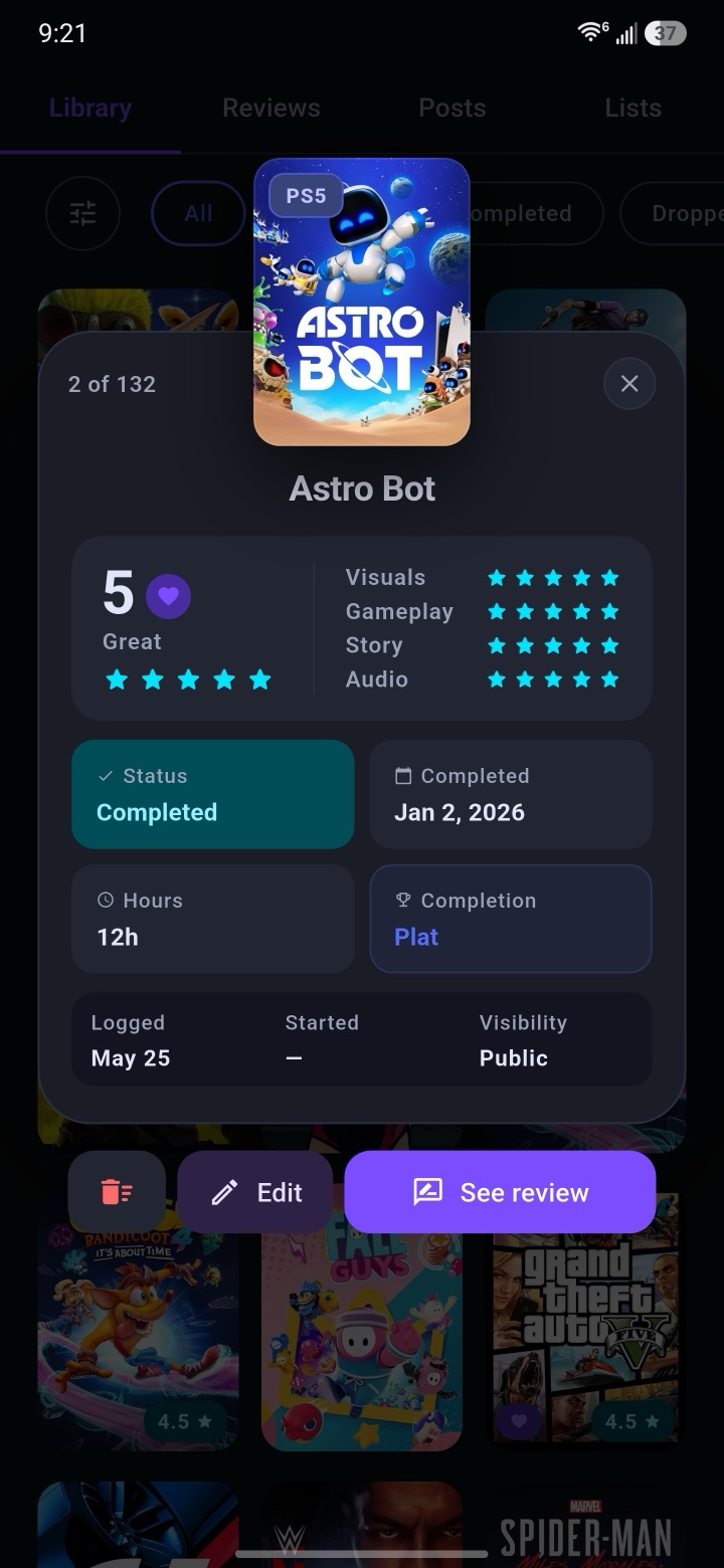 A logged game showing rating breakdown and completion