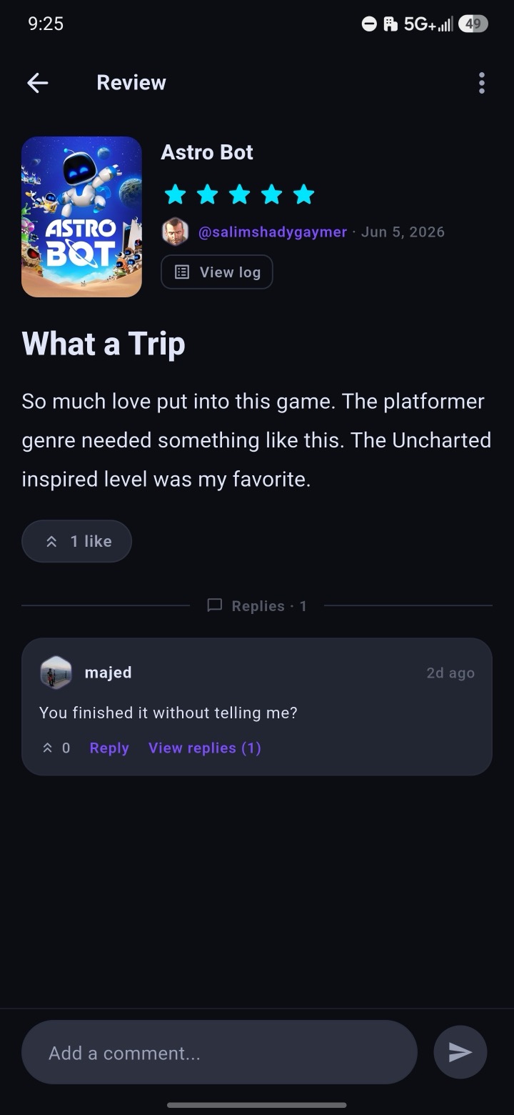 A game review with likes and replies
