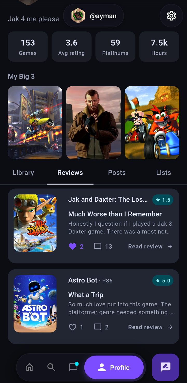 The reviews tab on a profile